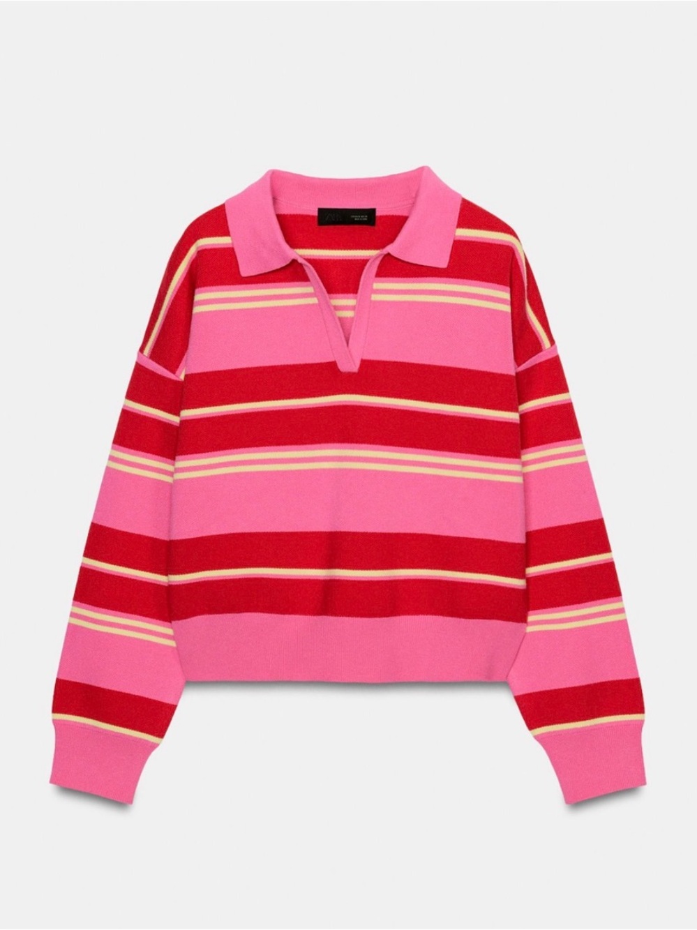 Zara Pink, Red & Yellow Striped V-Neck Polo Sweater